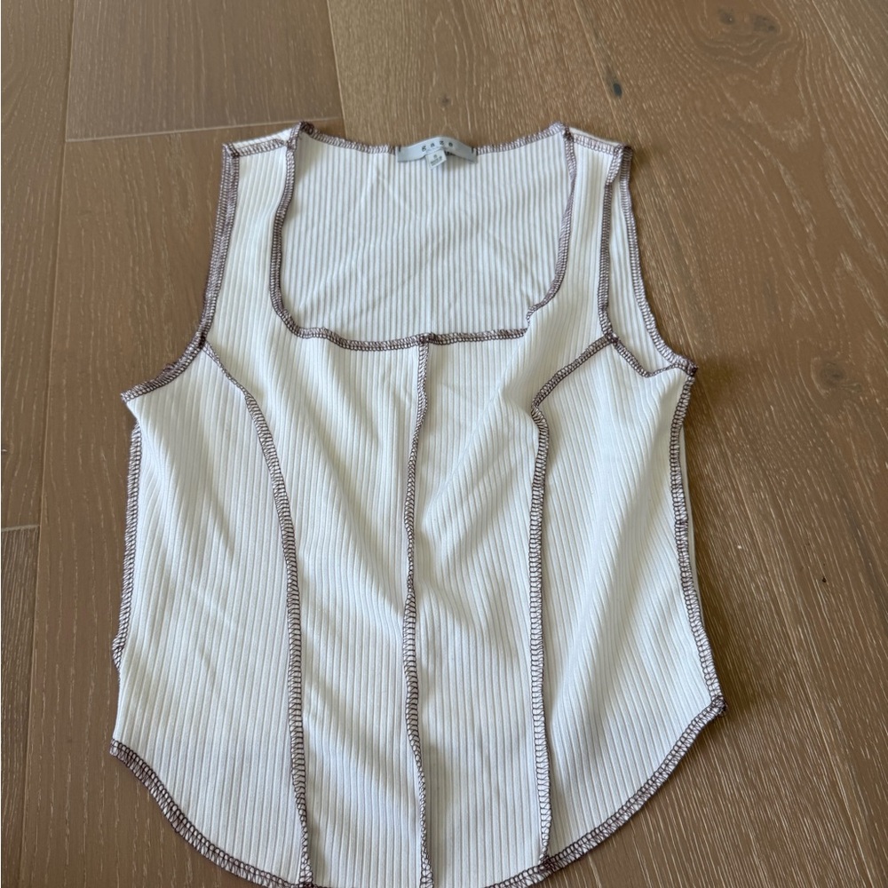 White and Brown Trim Ribbed Tank crop Top